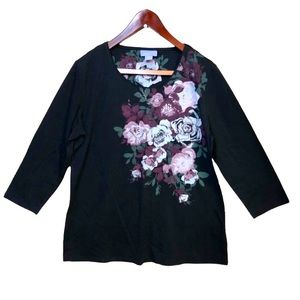Laura Scott Women's Blouse 3/4 Tunic Black Floral size large